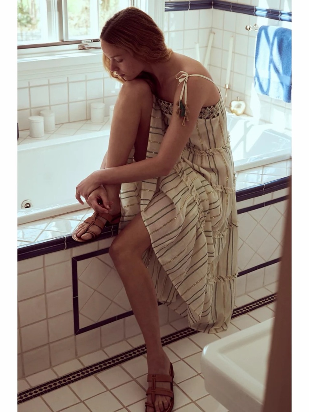 NWT‎ Anthropologie x Ranna Gill Safa Tiered Cream Shimmer Boho Midi Dress